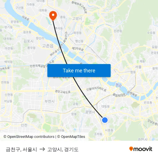 금천구, 서울시 to 고양시, 경기도 map