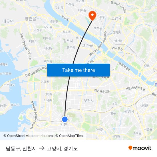남동구, 인천시 to 고양시, 경기도 map