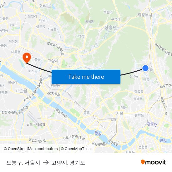 도봉구, 서울시 to 고양시, 경기도 map