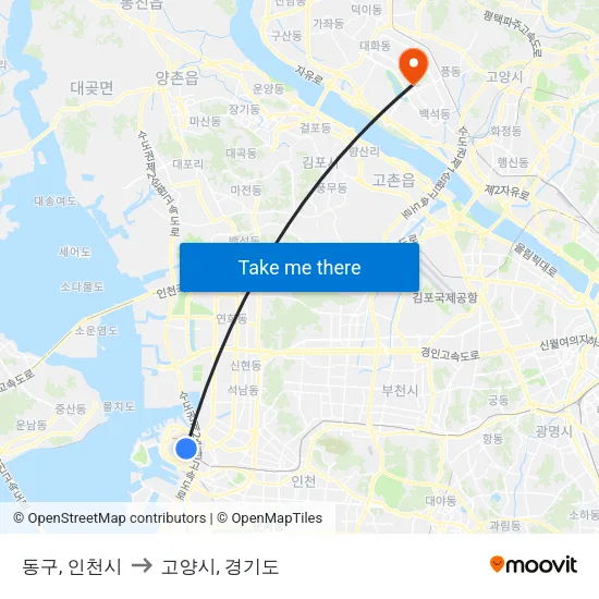 동구, 인천시 to 고양시, 경기도 map