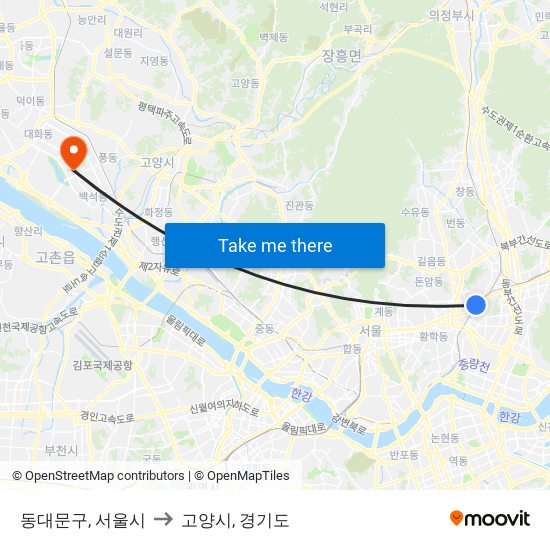 동대문구, 서울시 to 고양시, 경기도 map