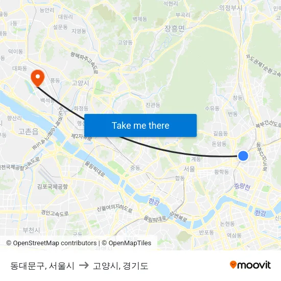 동대문구, 서울시 to 고양시, 경기도 map
