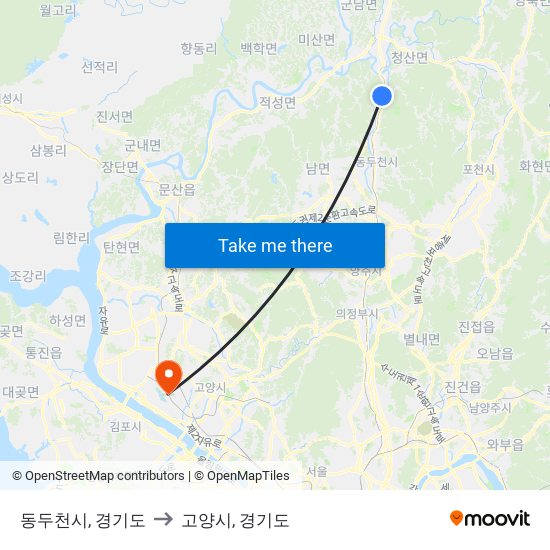 동두천시, 경기도 to 고양시, 경기도 map