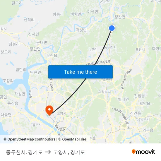 동두천시, 경기도 to 고양시, 경기도 map