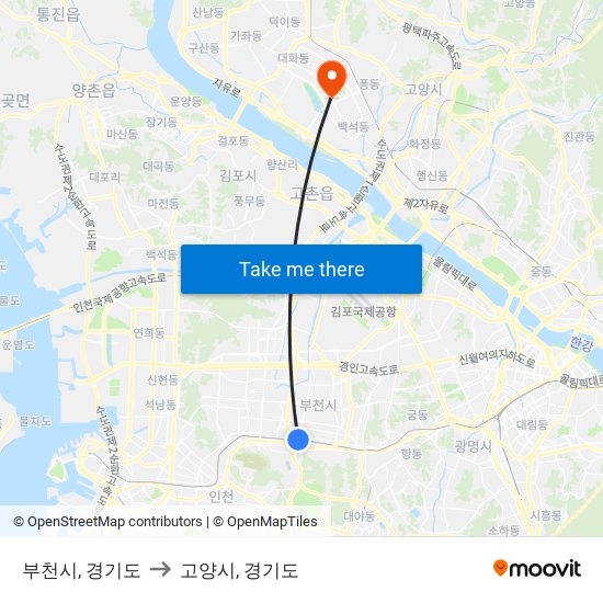 부천시, 경기도 to 고양시, 경기도 map