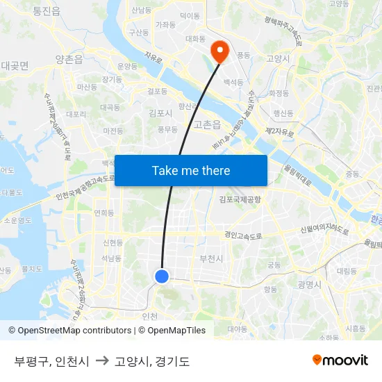 부평구, 인천시 to 고양시, 경기도 map