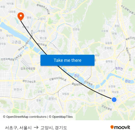서초구, 서울시 to 고양시, 경기도 map
