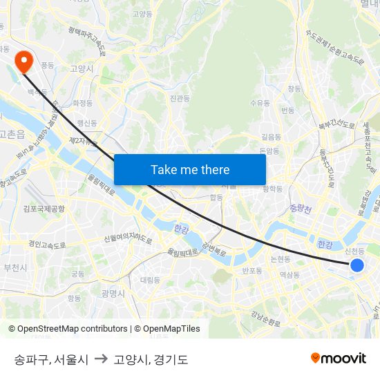 송파구, 서울시 to 고양시, 경기도 map