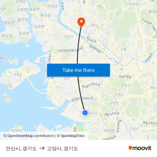 안산시, 경기도 to 고양시, 경기도 map
