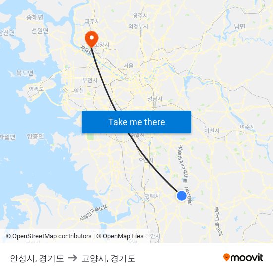 안성시, 경기도 to 고양시, 경기도 map