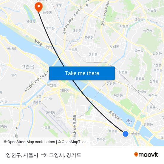 양천구, 서울시 to 고양시, 경기도 map