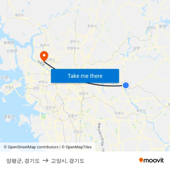 양평군, 경기도 to 고양시, 경기도 map