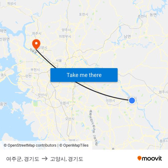 여주군, 경기도 to 고양시, 경기도 map