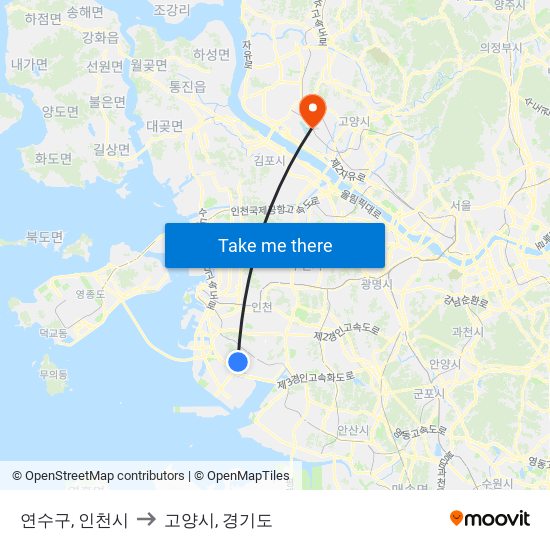 연수구, 인천시 to 고양시, 경기도 map