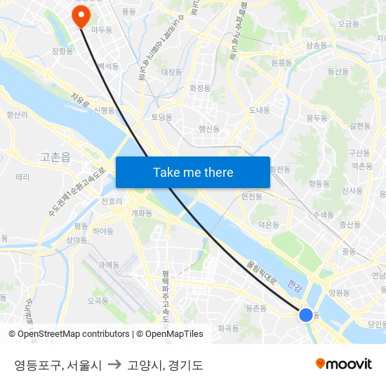 영등포구, 서울시 to 고양시, 경기도 map