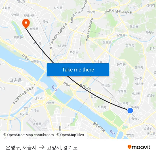 은평구, 서울시 to 고양시, 경기도 map