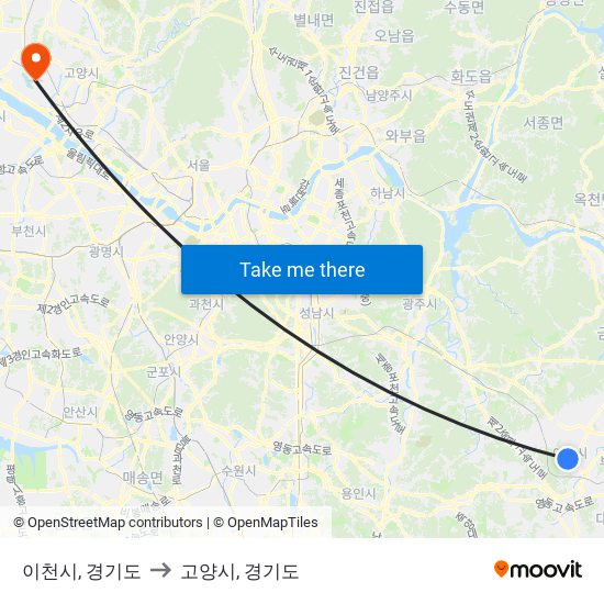 이천시, 경기도 to 고양시, 경기도 map