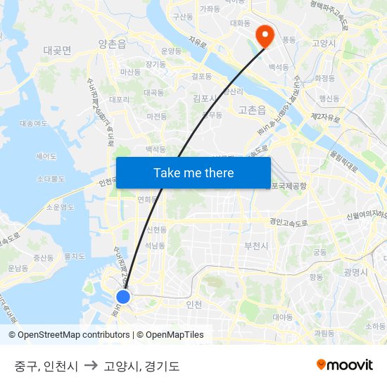 중구, 인천시 to 고양시, 경기도 map