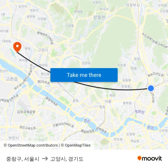 중랑구, 서울시 to 고양시, 경기도 map