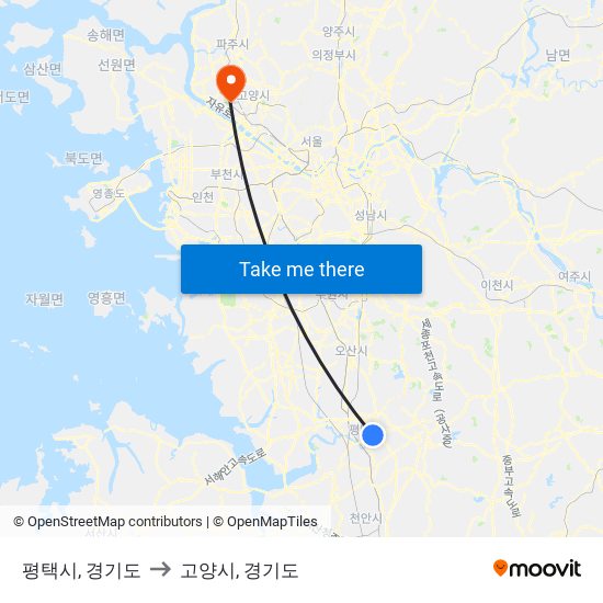 평택시, 경기도 to 고양시, 경기도 map