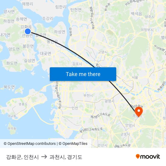 강화군, 인천시 to 과천시, 경기도 map