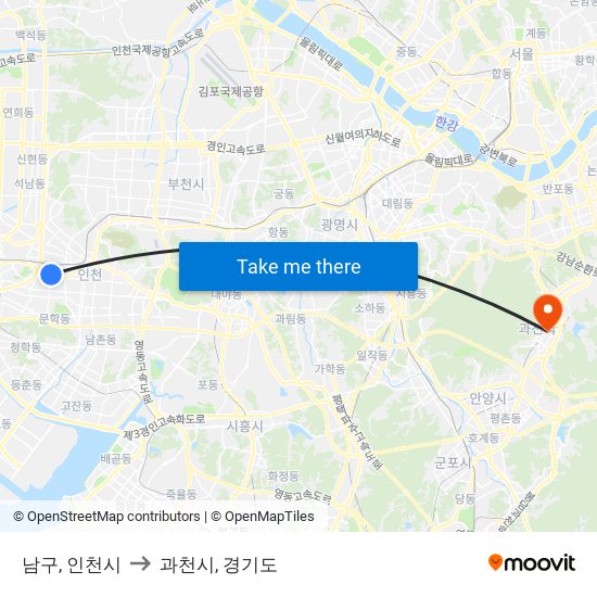 남구, 인천시 to 과천시, 경기도 map