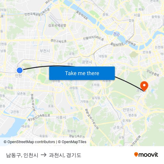 남동구, 인천시 to 과천시, 경기도 map