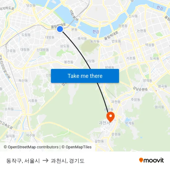 동작구, 서울시 to 과천시, 경기도 map