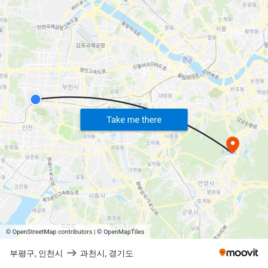 부평구, 인천시 to 과천시, 경기도 map