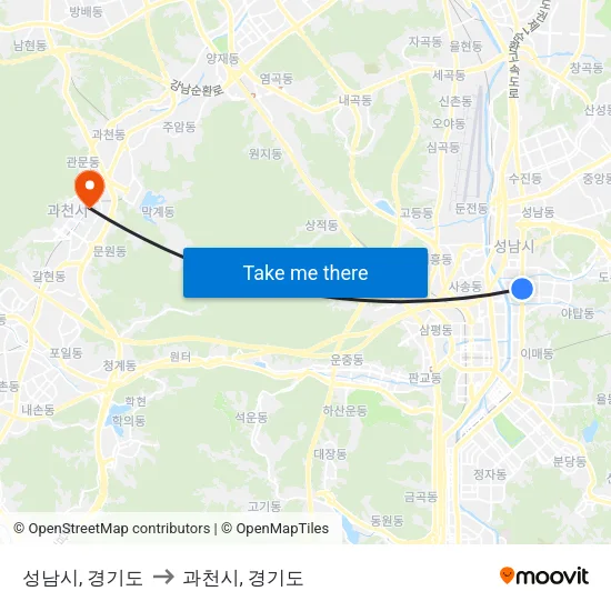 성남시, 경기도 to 과천시, 경기도 map