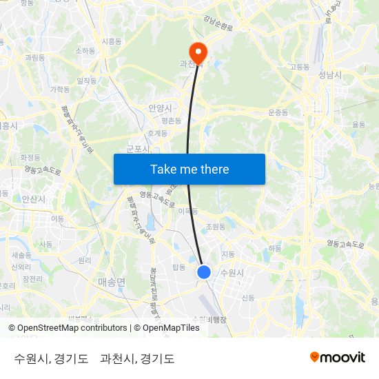 수원시, 경기도 to 과천시, 경기도 map