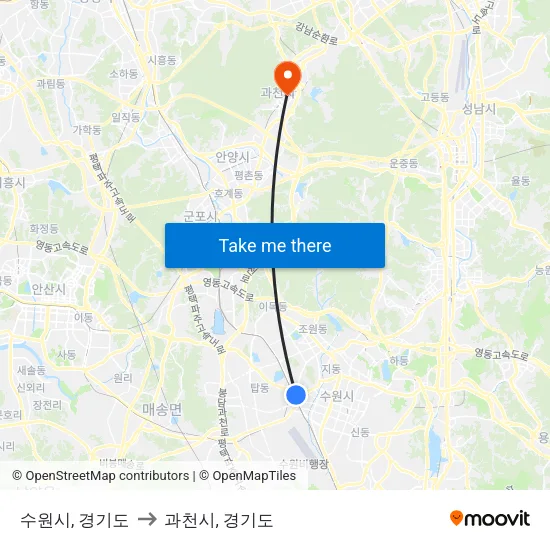 수원시, 경기도 to 과천시, 경기도 map