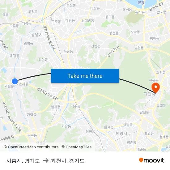 시흥시, 경기도 to 과천시, 경기도 map