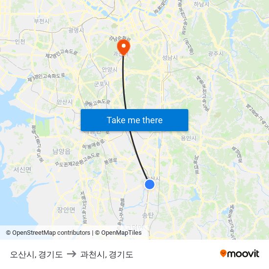 오산시, 경기도 to 과천시, 경기도 map