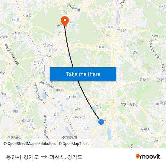 용인시, 경기도 to 과천시, 경기도 map