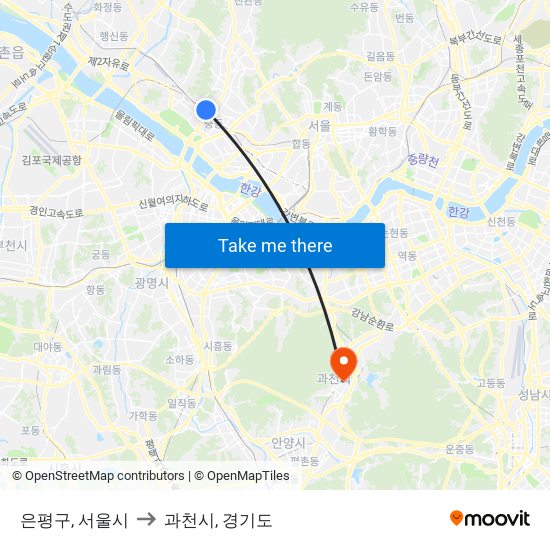 은평구, 서울시 to 과천시, 경기도 map