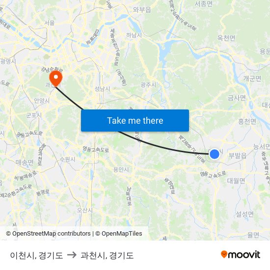 이천시, 경기도 to 과천시, 경기도 map