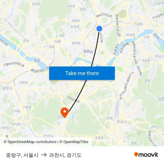 중랑구, 서울시 to 과천시, 경기도 map