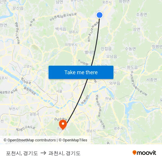 포천시, 경기도 to 과천시, 경기도 map