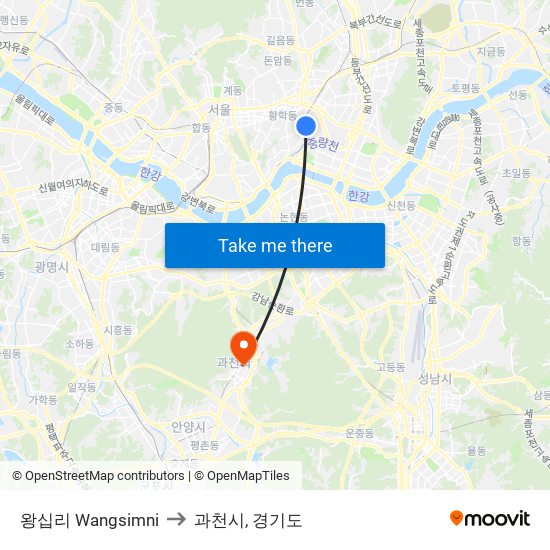 왕십리 Wangsimni to 과천시, 경기도 map