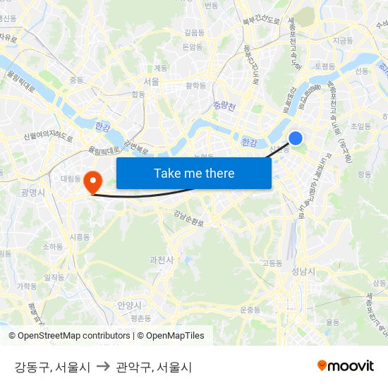 강동구, 서울시 to 관악구, 서울시 map