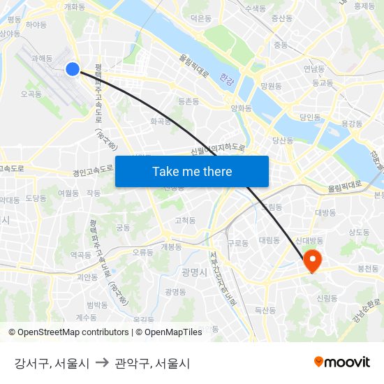 강서구, 서울시 to 관악구, 서울시 map