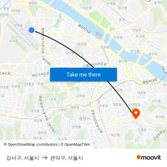 강서구, 서울시 to 관악구, 서울시 map