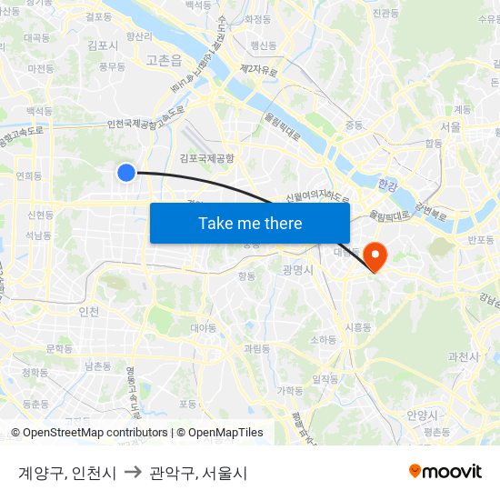 계양구, 인천시 to 관악구, 서울시 map