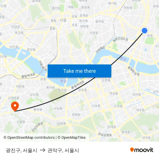 광진구, 서울시 to 관악구, 서울시 map