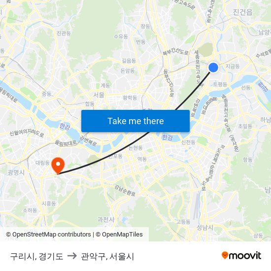 구리시, 경기도 to 관악구, 서울시 map