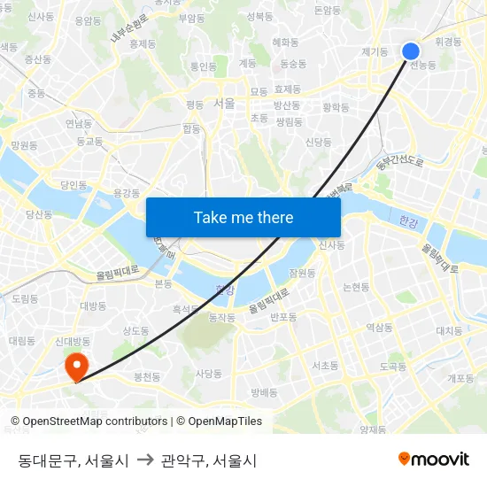 동대문구, 서울시 to 관악구, 서울시 map