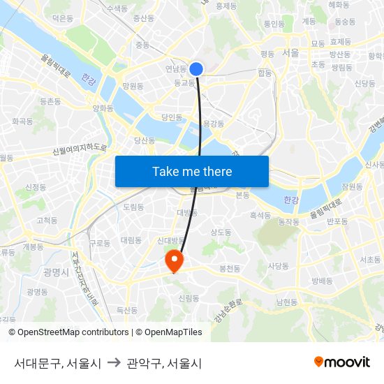 서대문구, 서울시 to 관악구, 서울시 map