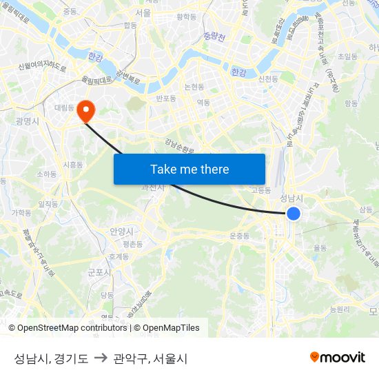 성남시, 경기도 to 관악구, 서울시 map