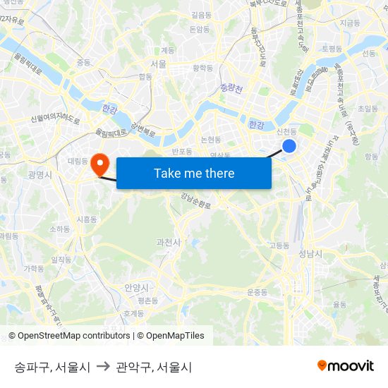 송파구, 서울시 to 관악구, 서울시 map